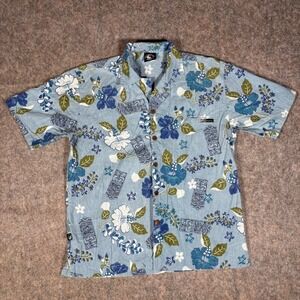 T&C Surf Designs Button Up Shirt Mens M‎ Blue Tiki Hibiscus Hawaii Camp Vintage
